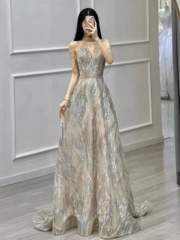 A Line High Neckline Sequin Long Evening Dress Prom Dresses SD1637